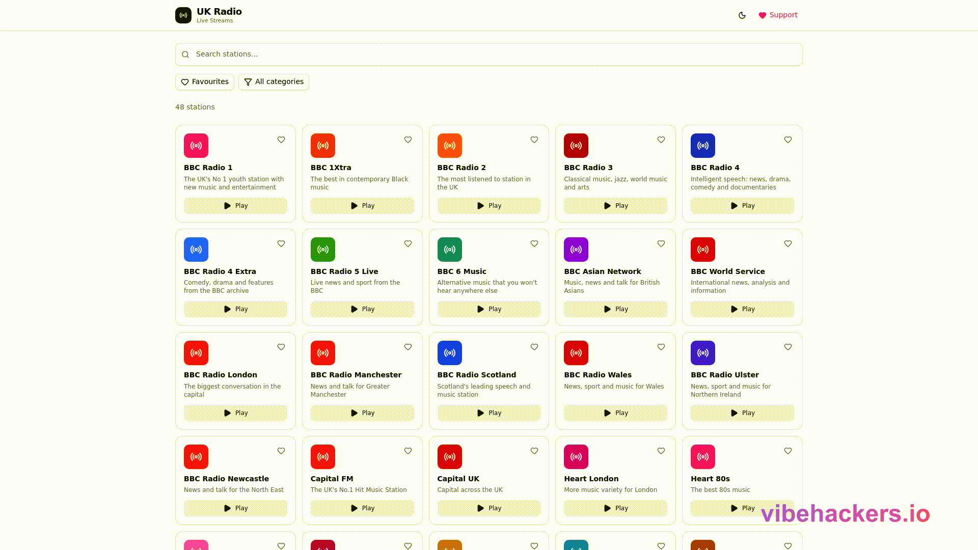 Scrollable preview of UK Radio Live Streams